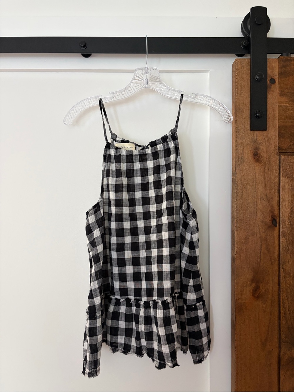 black & white gingham ruffle hem tank top